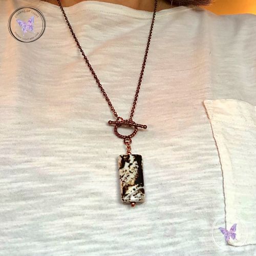 Leopard Agate Rectangle Pendant with Chain & Toggle Clasp